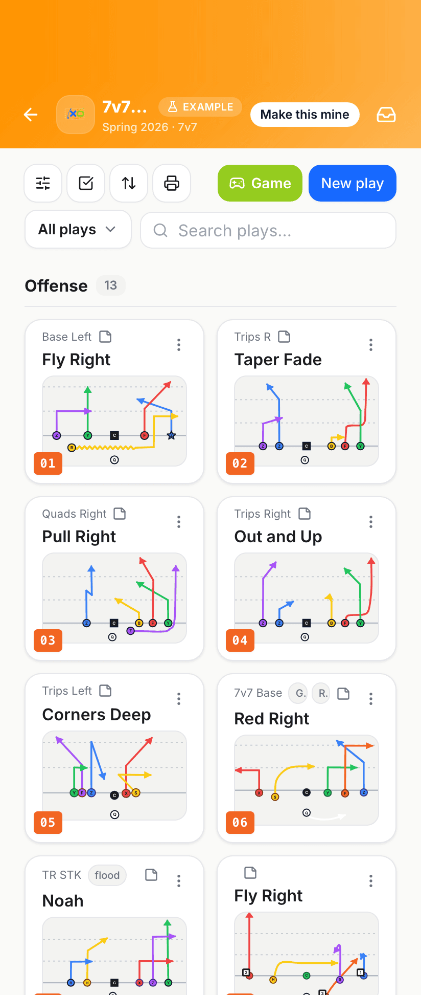 A 7v7 playbook in XO Gridmaker — a two-column grid of play cards with route diagrams